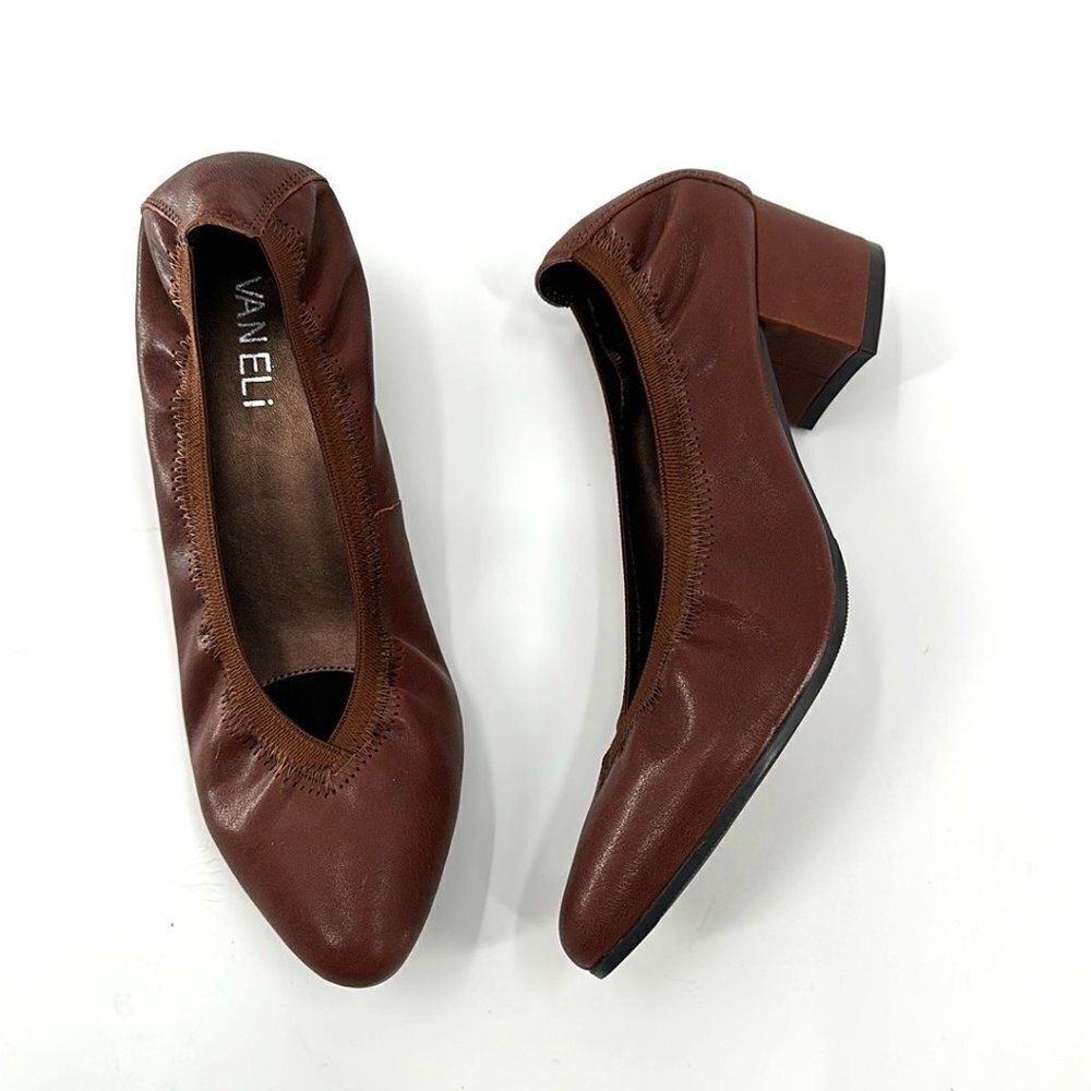 Vaneli Brown Vegan Leather Almond Toe Pump Heels